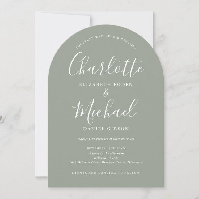 Invitación Elegante firma moderna boda arco verde salvia (Anverso)