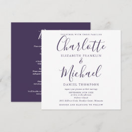Invitación Elegante Firma Morada Script Todo en Uno Boda