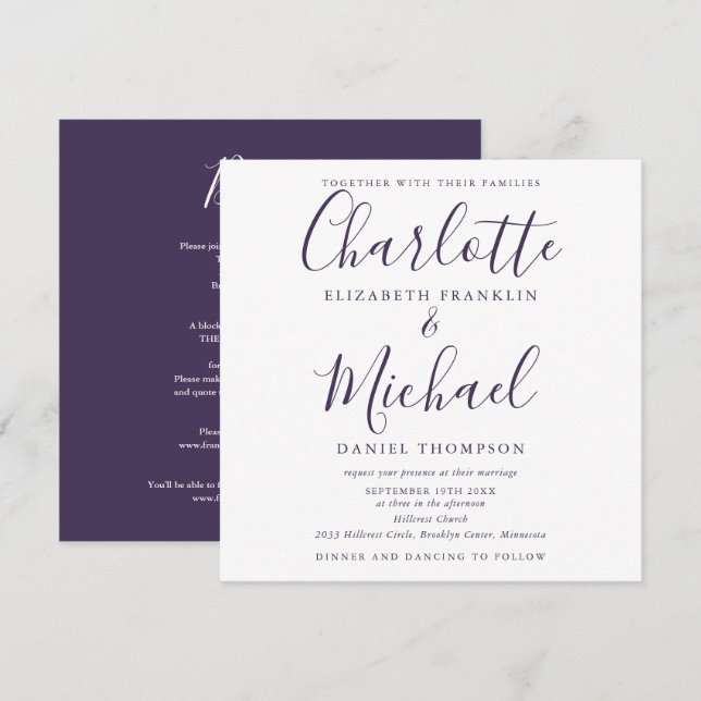Invitación Elegante Firma Morada Script Todo en Uno Boda (Anverso / Reverso)