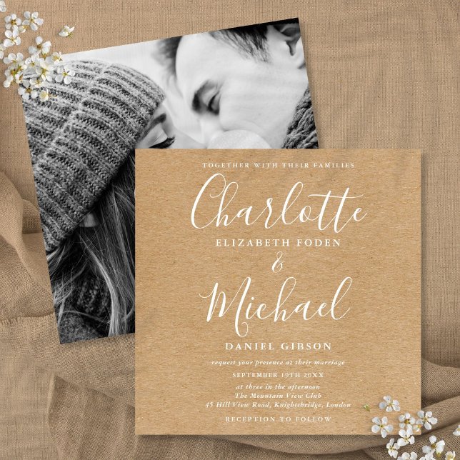 Invitación Elegante firma Rustic Kraft Boda Foto (Elegant Signature Rustic Kraft Wedding Photo Invitation)