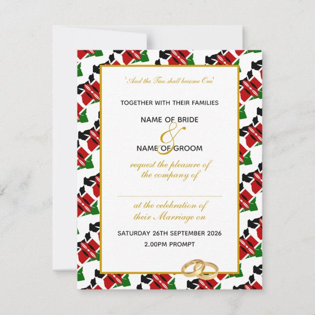 Invitación Elegante FLAG KENYA con BODA de guión dorado (Anverso)