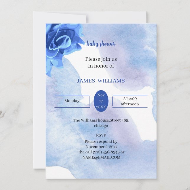 Invitación Elegante flor azul Baby Shower personalizada (Anverso)