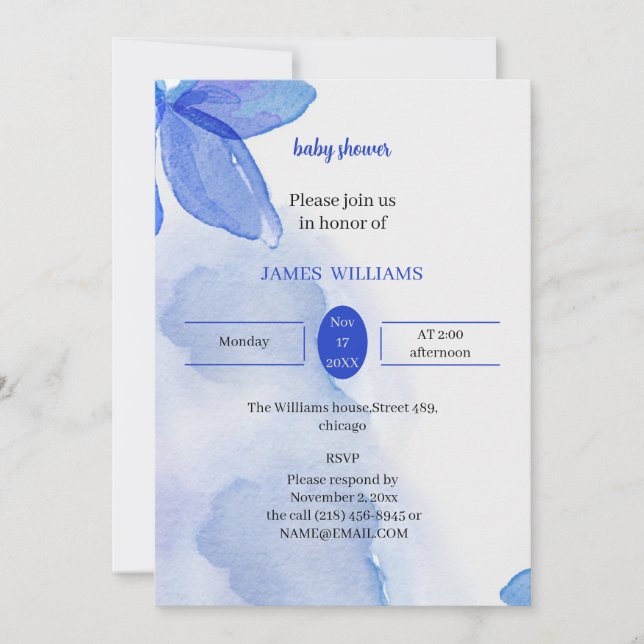 Invitación Elegante flor azul Baby Shower personalizada (Anverso)
