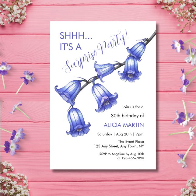 Invitación Elegante Flor Azul Flor Flor Sorpresa Cumpleaños (Subido por el creador)