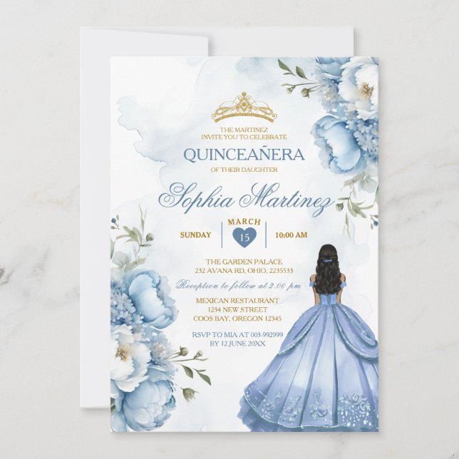 Invitación Elegante flor azul turquesa Princesa Quinceañera (Anverso)