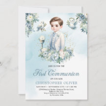 Elegante flor blanca azul salvia Primera Comunión