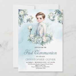 Invitación Elegante flor blanca azul salvia Primera Comunión