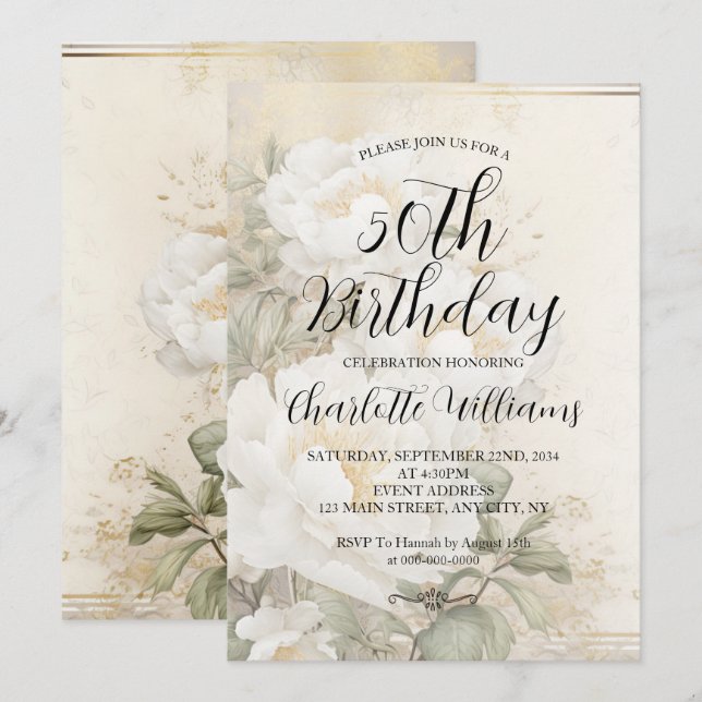 Invitación Elegante flor blanca Cumpleaños 50 de las mujeres (Anverso / Reverso)