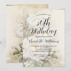 Invitación Elegante flor blanca Cumpleaños 50 de las mujeres