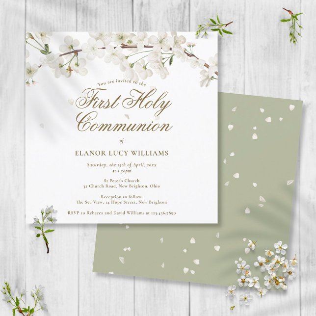 Invitación Elegante flor blanca floral Primera comunión sagra (Subido por el creador)