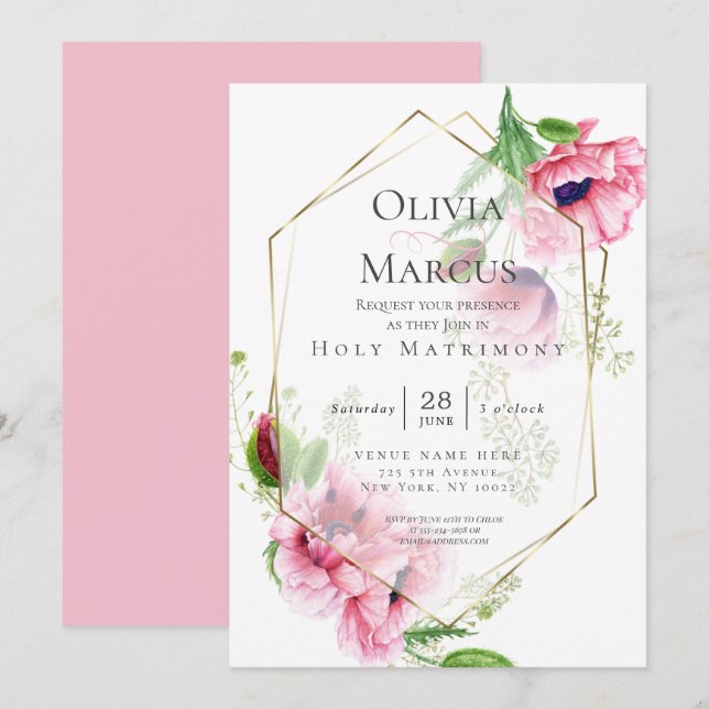 Invitación Elegante flor de adormidera rosa primavera (Anverso / Reverso)