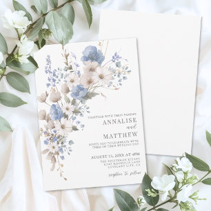Invitación Elegante Flor de Boda Floral Azul Polvoriento Salv
