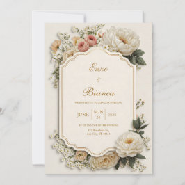 Invitación Elegante Flor de Boda Rosa con Veneras Escalladas