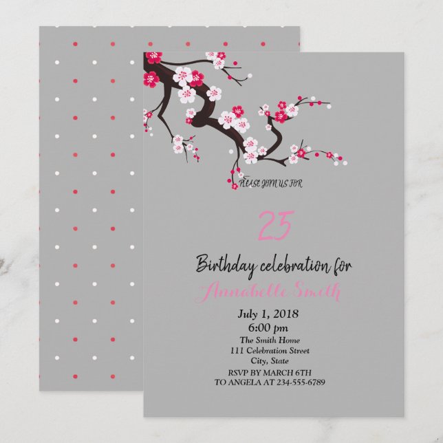 Invitación Elegante Flor de cerezo Blanco rosado Cumpleaños f (Anverso / Reverso)