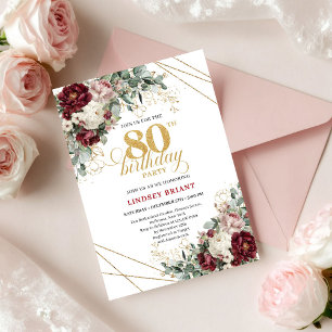 Invitación Elegante Flor de Eucalipto Burgundy Dorado Cumplea