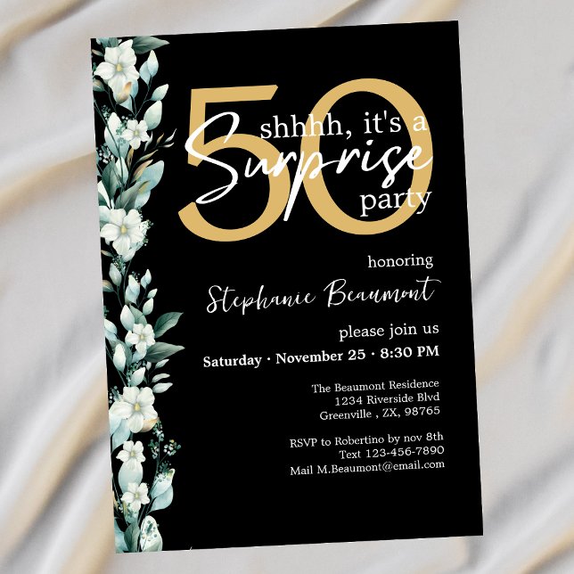 Invitación Elegante Flor de Flor Negro Sorpresa 50 cumpleaños (Subido por el creador)