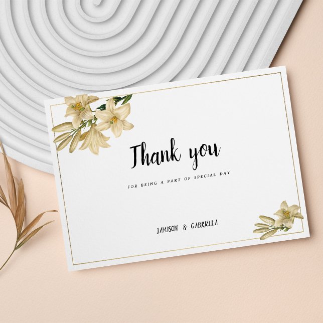 Invitación Elegante flor de lirio blanco verde dorado Gracias (Elegant gold green white lily flower Thank You)