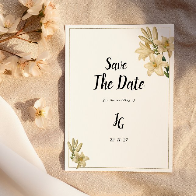 Invitación Elegante flor de lirio blanco verde dorado Save Th (Elegant gold green white lily flower Save The Date)
