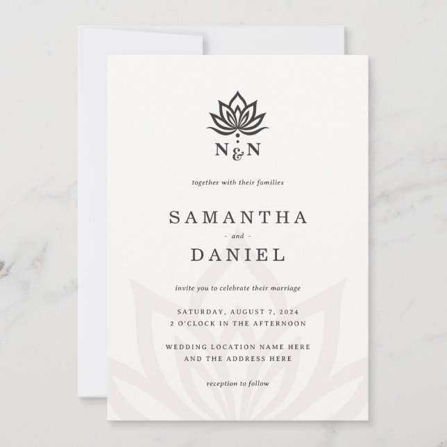 Invitación Elegante flor de loto monograma marfil neutro clar (Anverso)