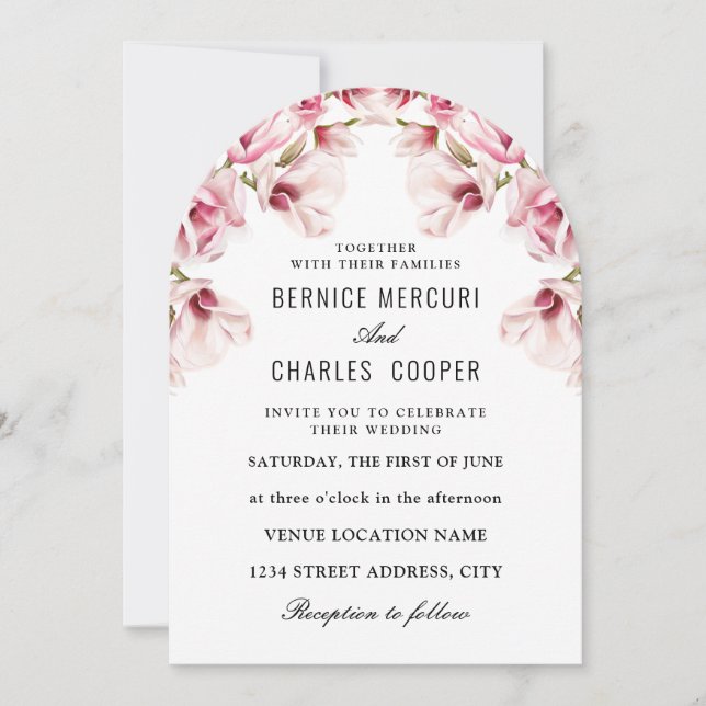 Invitación Elegante Flor de Magnolia Rosa (Anverso)