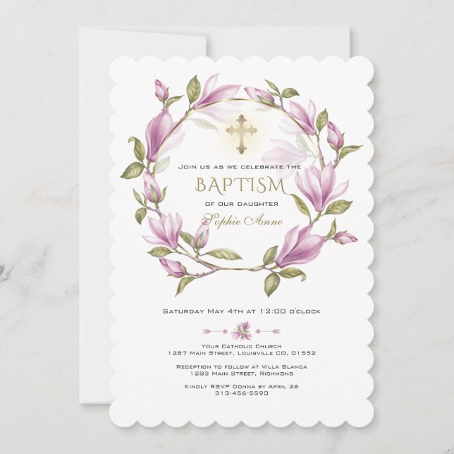 Invitación Elegante flor de Magnolia Rosa flor Bautismo de Or (Anverso)