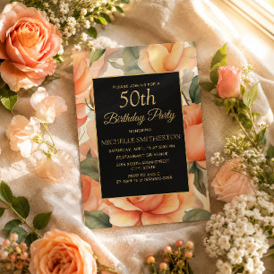 Invitación Elegante Flor de Melocotón Negro y Dorado 