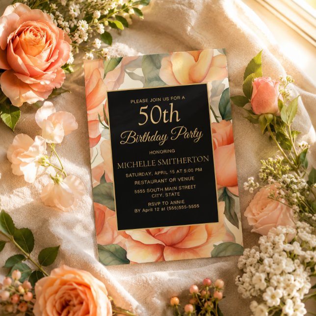 Invitación Elegante Flor de Melocotón Negro y Dorado  (Peach roses on black and gold 50th birthday invitation)