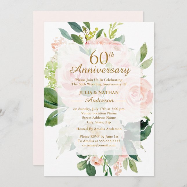 Invitación Elegante Flor de Melocotón Rosa 60 Aniversario de  (Anverso / Reverso)