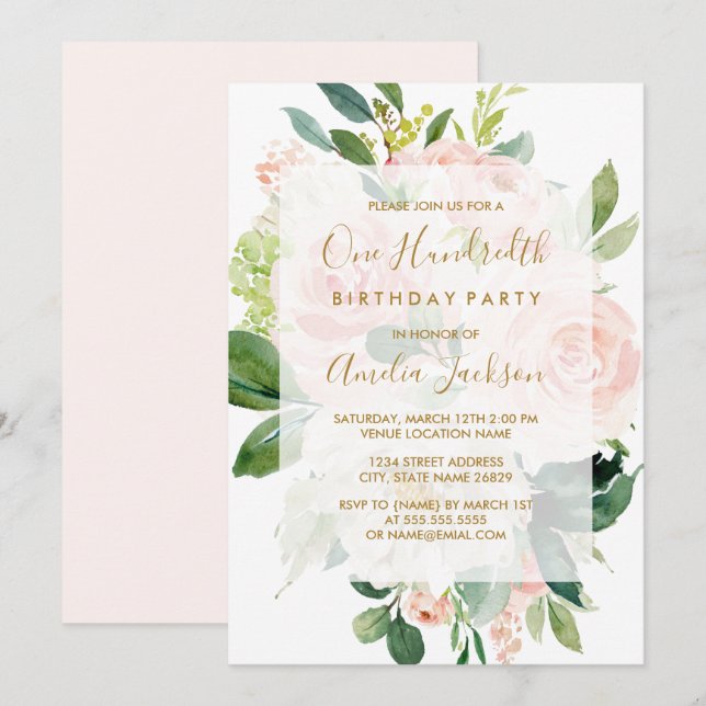 Invitación Elegante Flor de Melocotón Rosa Cumpleaños 100 (Anverso / Reverso)