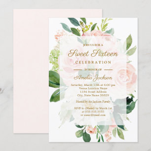 Invitación Elegante Flor de Melocotón Rosa Cumpleaños Diecisé
