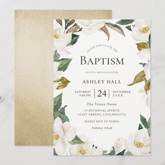 Invitación Elegante flor de oro blanco niño o bautismo Chica (Anverso / Reverso)