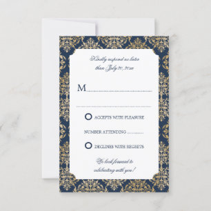 Invitación Elegante Flor de Oro Damasco Azul Marino RSVP