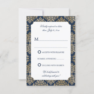 Invitación Elegante Flor de Oro Damasco Azul Marino RSVP
