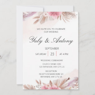 Invitación Elegante Flor de Pampas Suave Postre Rosa