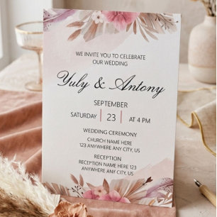 Invitación Elegante Flor de Pampas Suave Postre Rosa