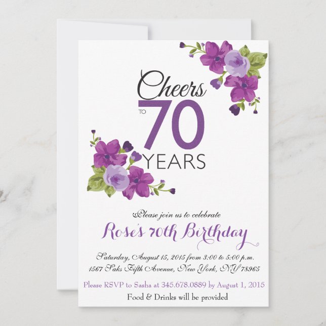 Invitación Elegante flor de pintura púrpura 70 cumpleaños inv (Anverso)