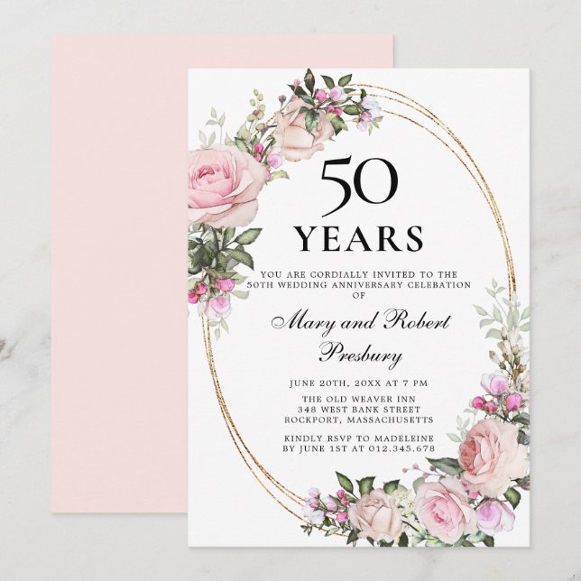 Invitación Elegante Flor de Rosa Rosa por el 50 Aniversario (Anverso / Reverso)