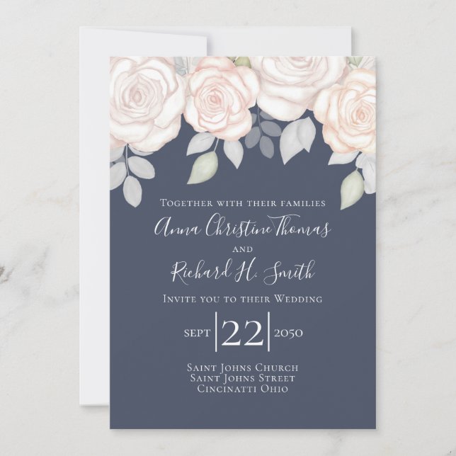 Invitación Elegante Flor de Rosa Simple Azul Marino Follaje (Anverso)