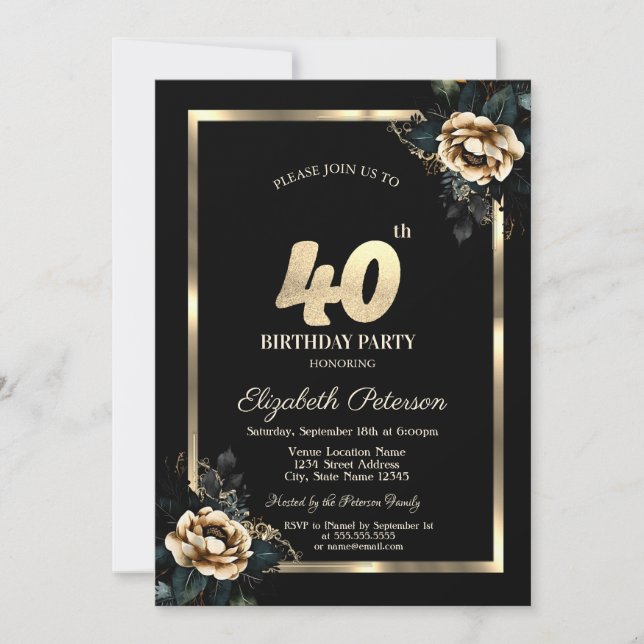 Invitación Elegante Flor Marco Dorado Cumpleaños 40 Negro (Anverso)