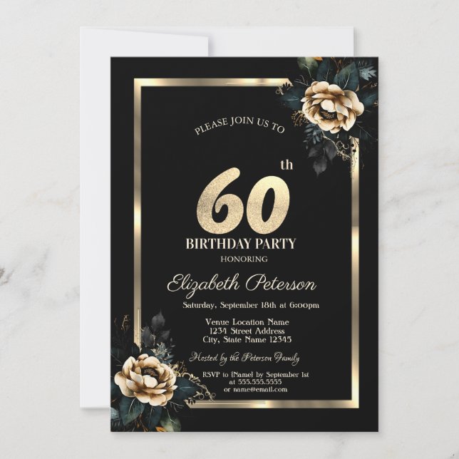Invitación Elegante Flor Marco Dorado Cumpleaños 60 Negro (Anverso)