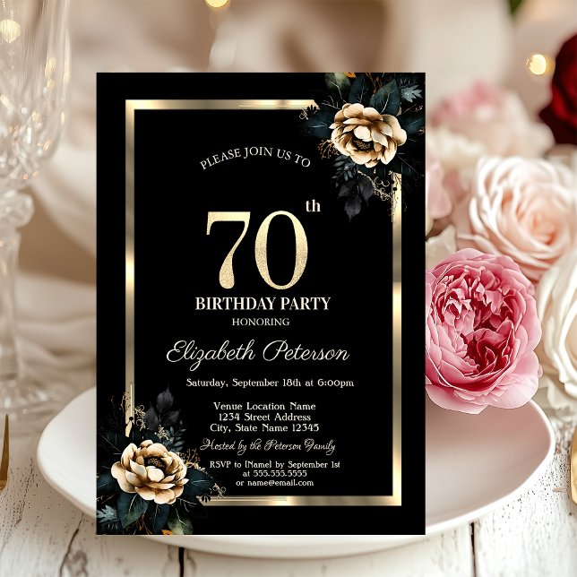 Invitación Elegante Flor Marco Dorado Cumpleaños 70 Negro (Subido por el creador)