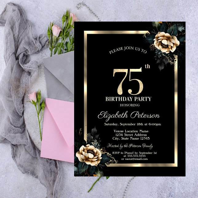 Invitación Elegante Flor Marco Dorado Cumpleaños 75 Negro (Subido por el creador)