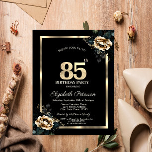 Invitación Elegante Flor Marco Dorado Cumpleaños 85 Negro