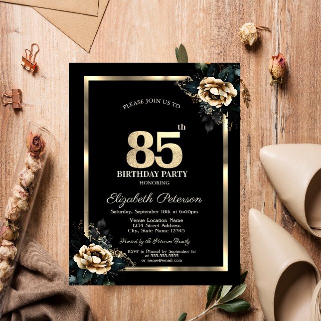 Invitación Elegante Flor Marco Dorado Cumpleaños 85 Negro (Subido por el creador)