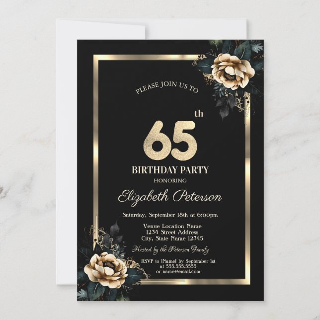 Invitación Elegante Flor Marco Dorado Cumpleaños Negro 65  (Anverso)