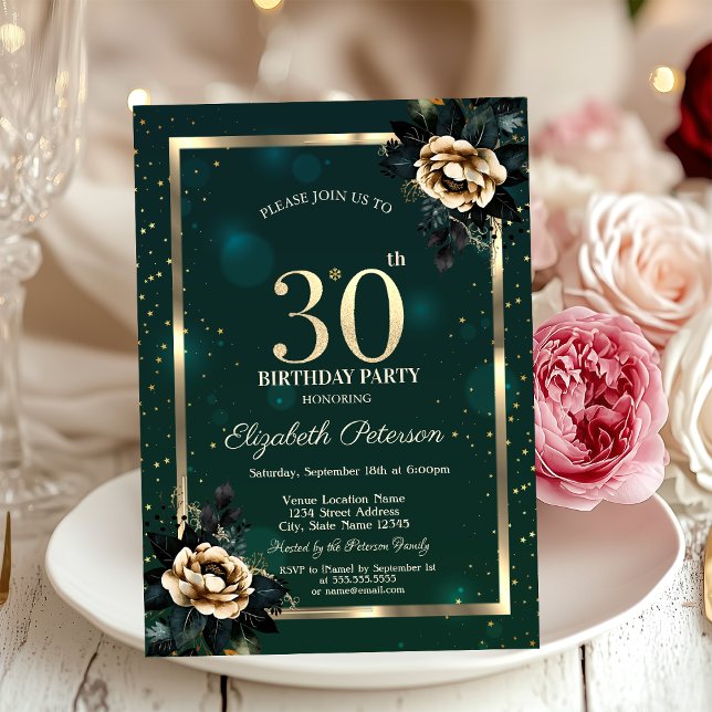 Invitación Elegante Flor Marco Dorado Estrellas Verde 30º (Subido por el creador)