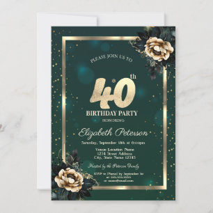 Invitación Elegante Flor Marco Dorado Estrellas Verde 40