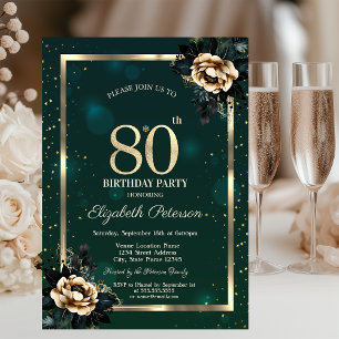 Invitación Elegante Flor Marco Dorado Estrellas Verde 80º