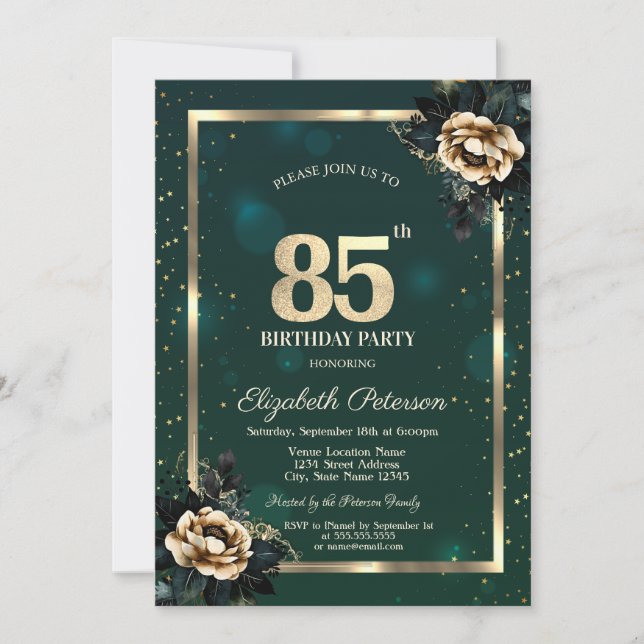 Invitación Elegante Flor Marco Dorado Estrellas Verde 85 (Anverso)