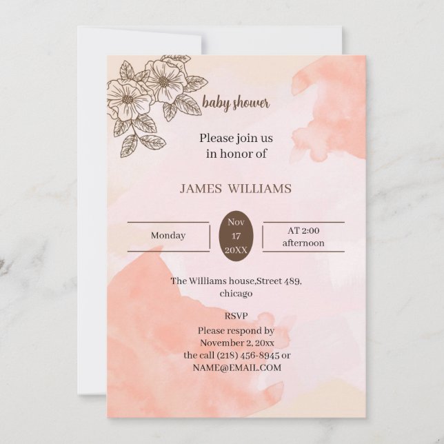 Invitación Elegante flor marrón Baby Shower personalizado (Anverso)